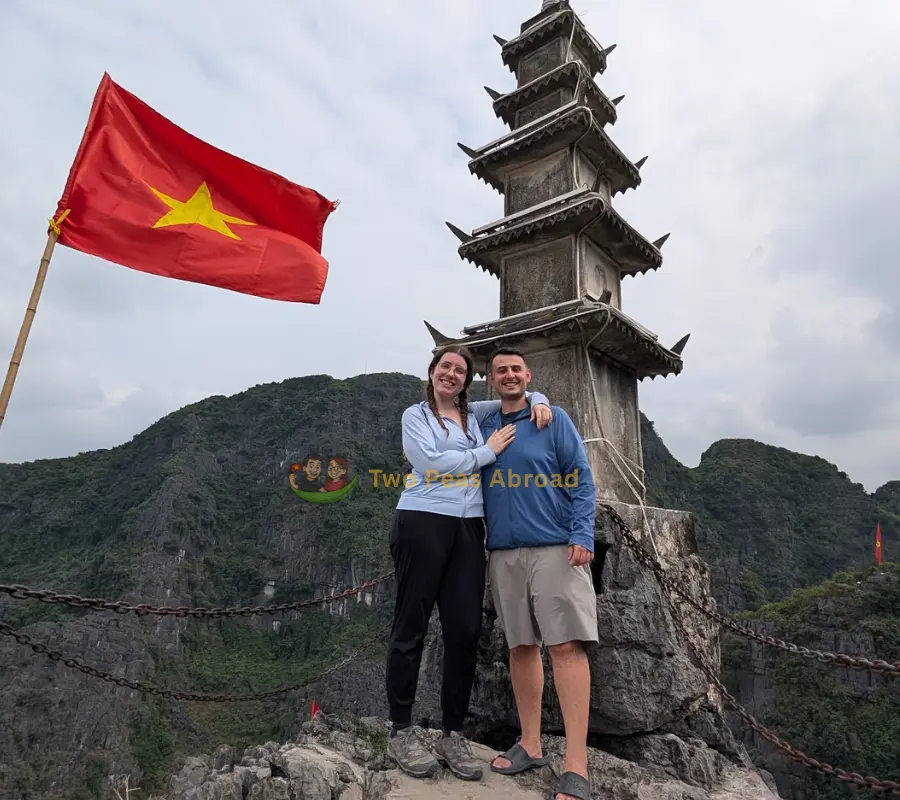Liam and Sarah from Two Peas Abroad at Hang Mua Ninh Binh