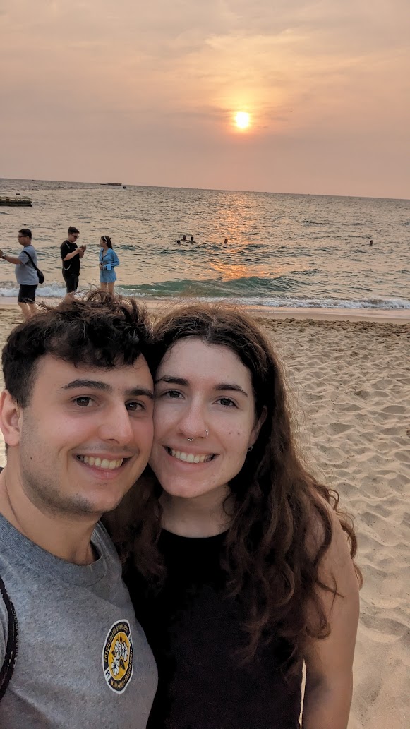 Aerial view of Long Beach with palm trees and turquoise water